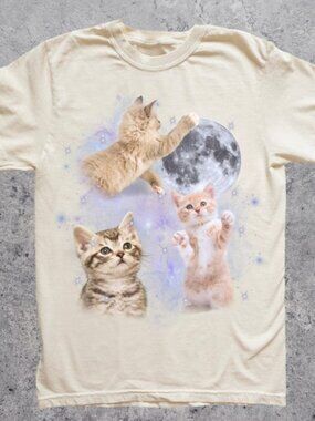Three Cats Retro Moon Graphic T-shirts, Cat Moon Meme Tshirt